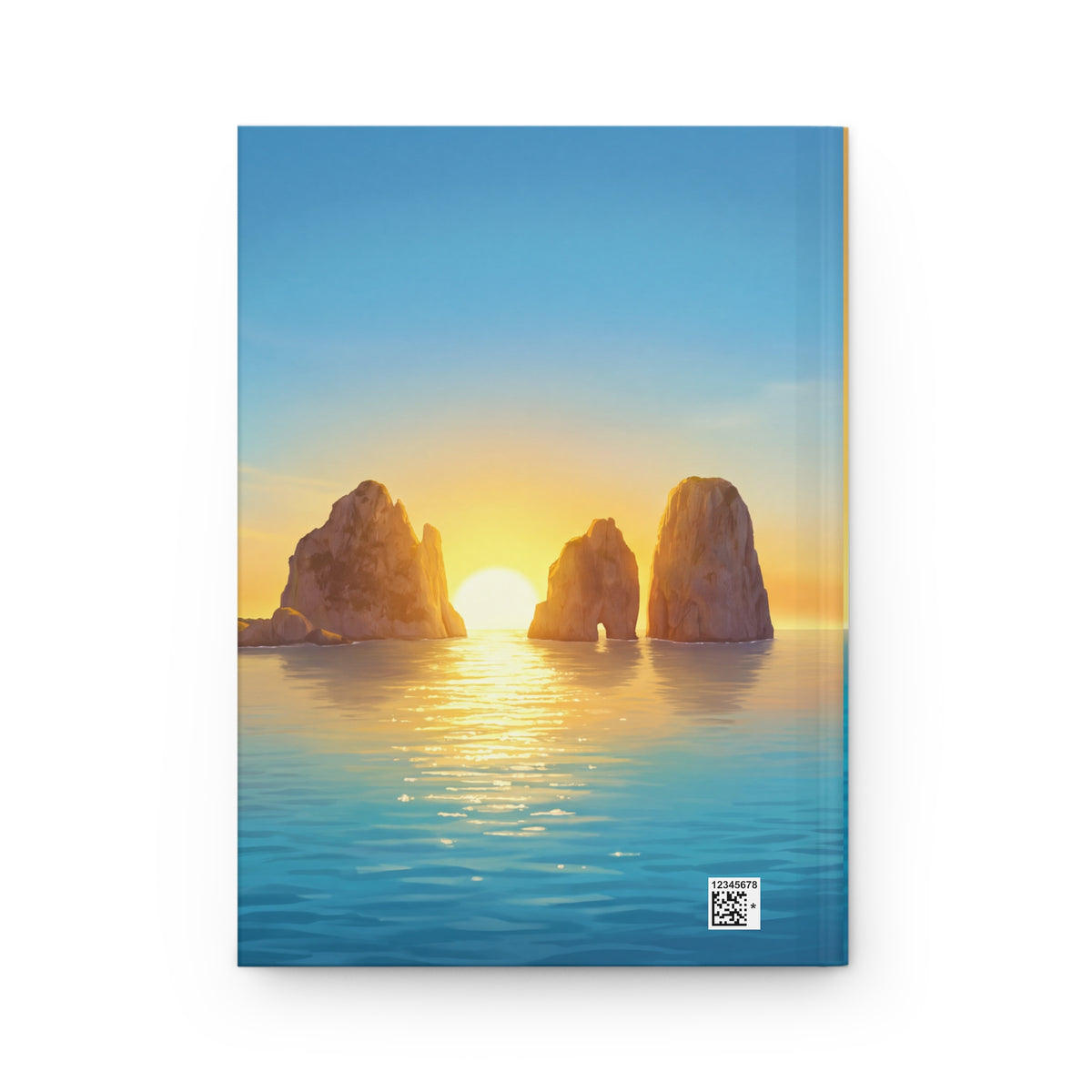 The HUGO Crew hardcover journal, back cover with the Faraglioni at sunset