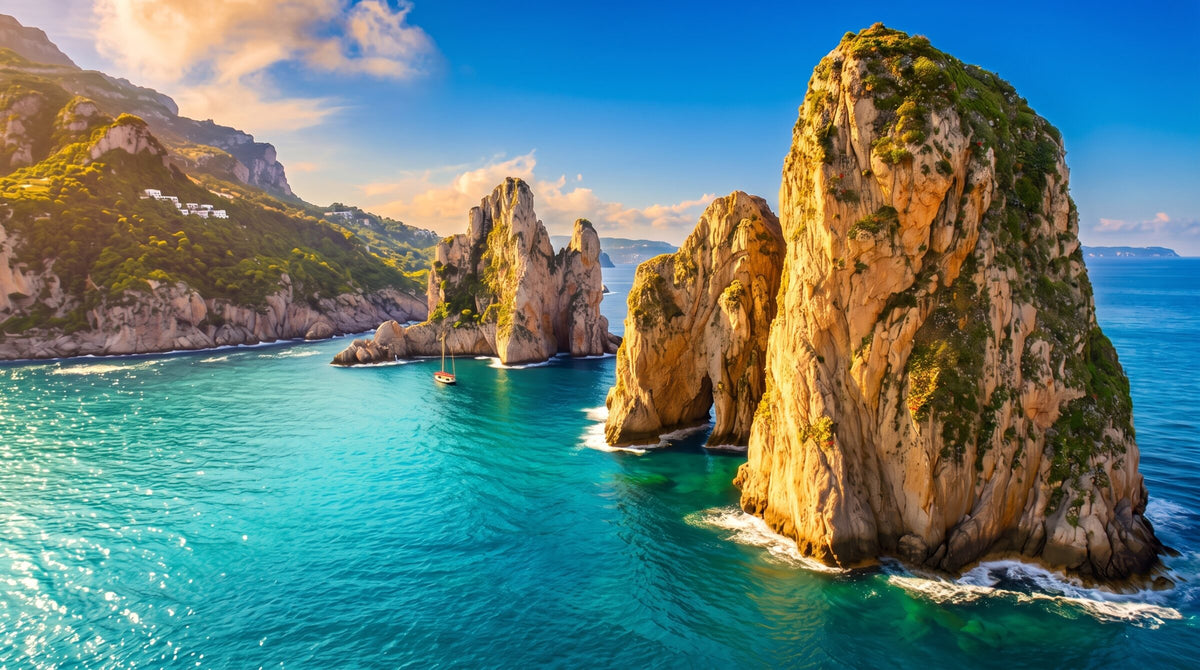 The three Faraglioni rocks rising from the sea off Capri